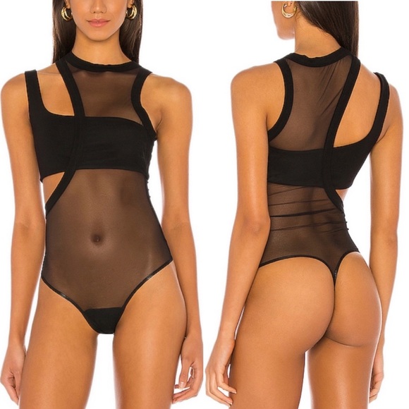 h:ours Tops - h:ours Sutra Bodysuit in Black XS Revolve Sheer Asymmetric High Neck Thong Sexy